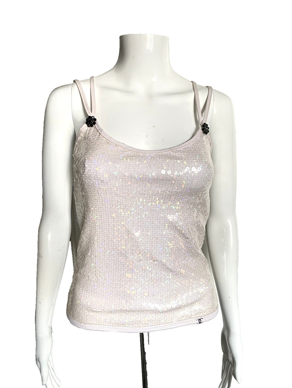 Vintage CHANEL 2005 FR-36 Sequin Tank Top White CC Logo 05P Small Black Brooch